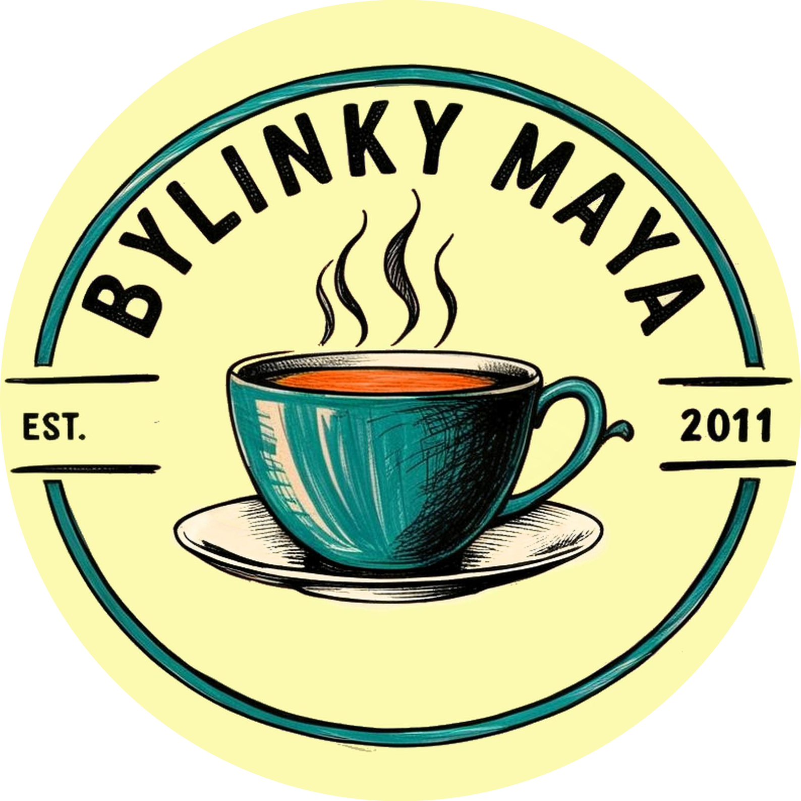 The logo of the e-shop, consisting of a yellow background and a blue circle with a dark blue teapot inside, it reads BYLINKY MAYA